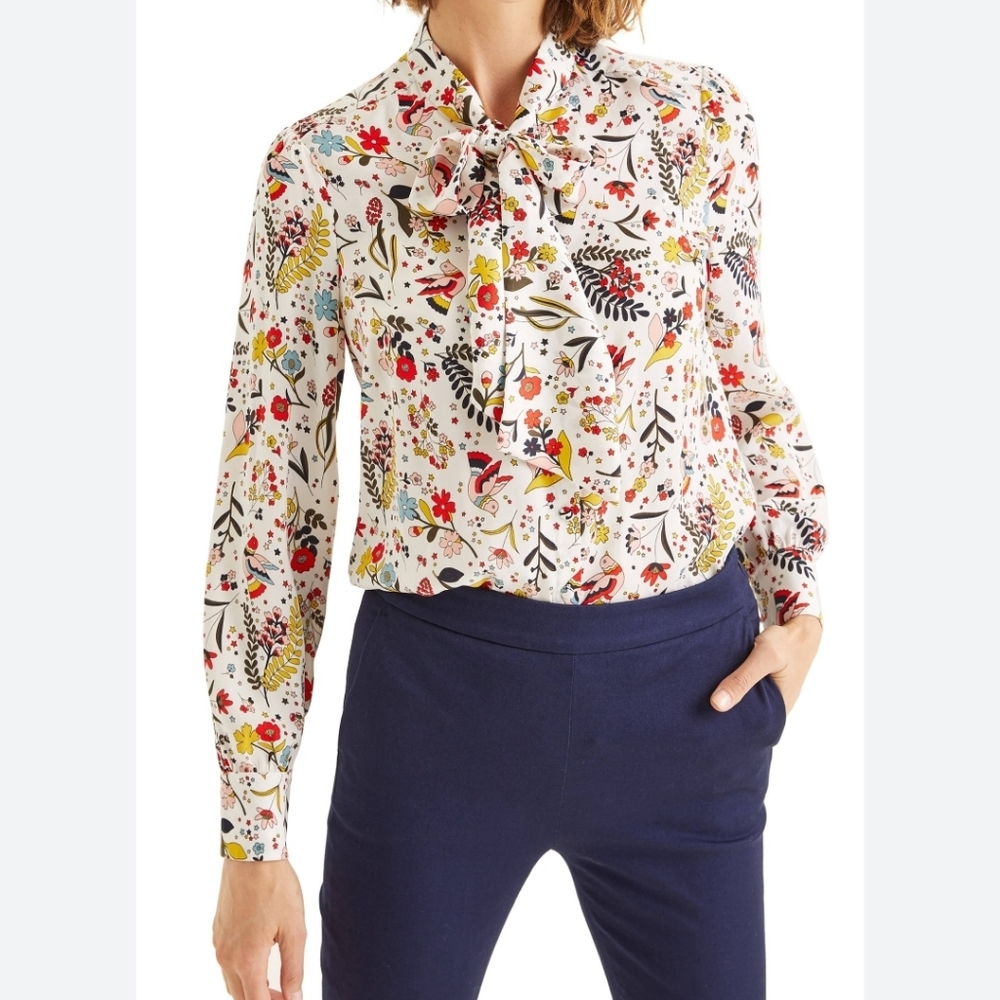 Boden Thelma Tie Neck Blouse Ivory Whimsical Bird Size 8